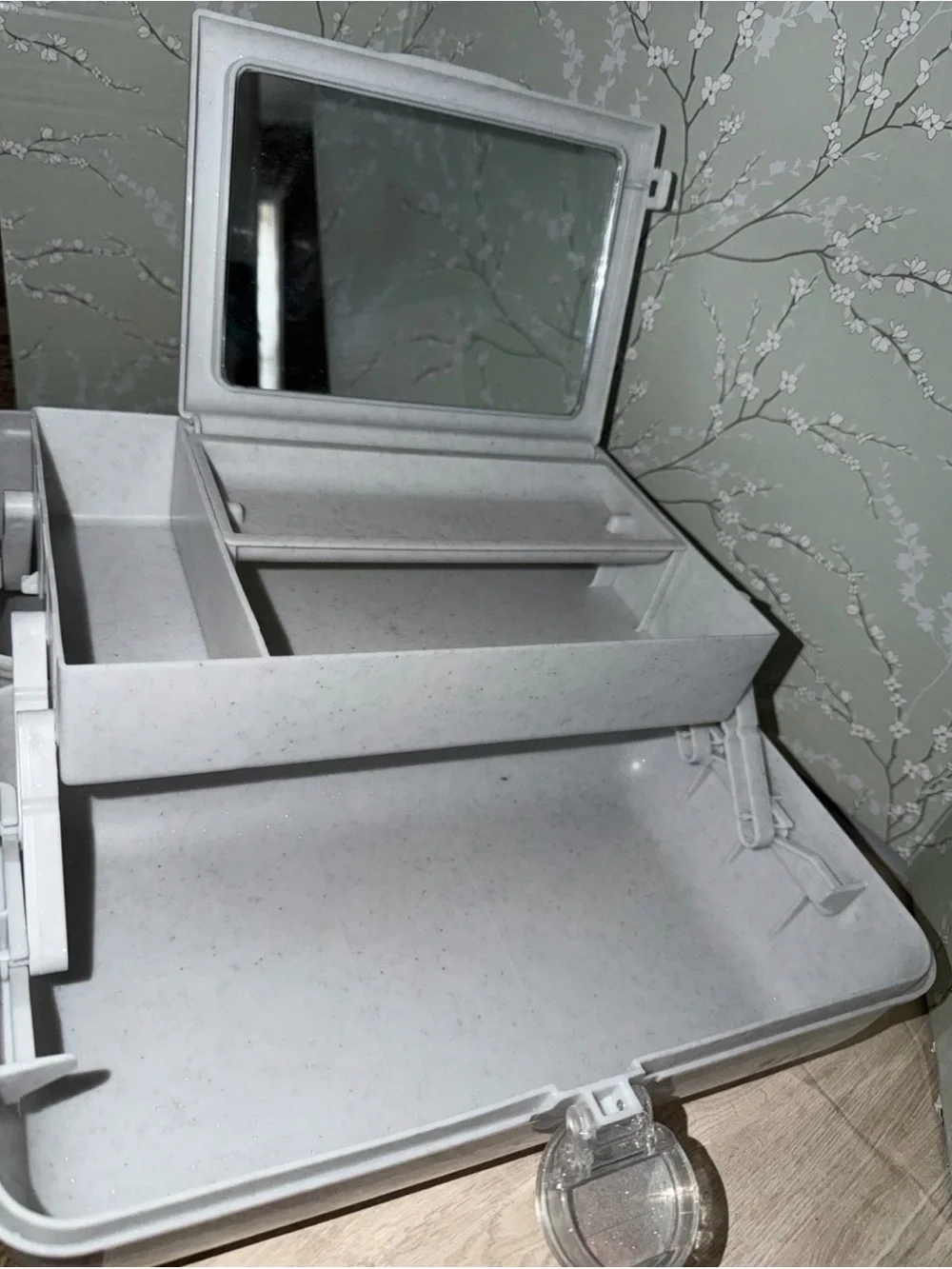 Caboodles Tote Makeup Case 2 - tier with tray Light Gray Sparkle Mirror 13x7x6